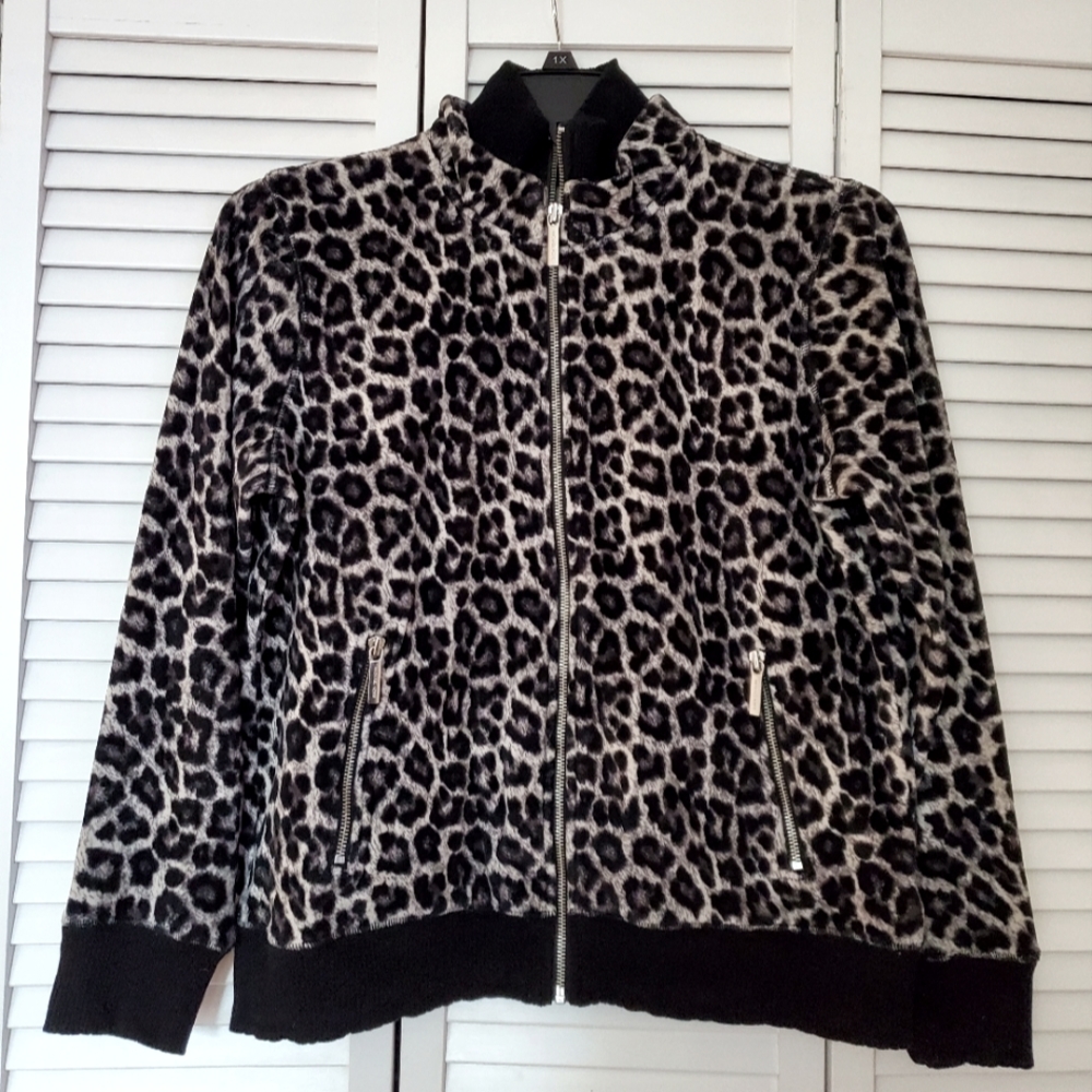COPY - COPY - MICHAEL KORS SZ L Gray Leopard print velour sweat jacket.